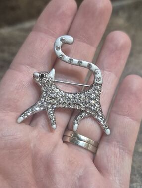 Silver Crystal Cat Brooch Pin - Sparkling Cat Accent